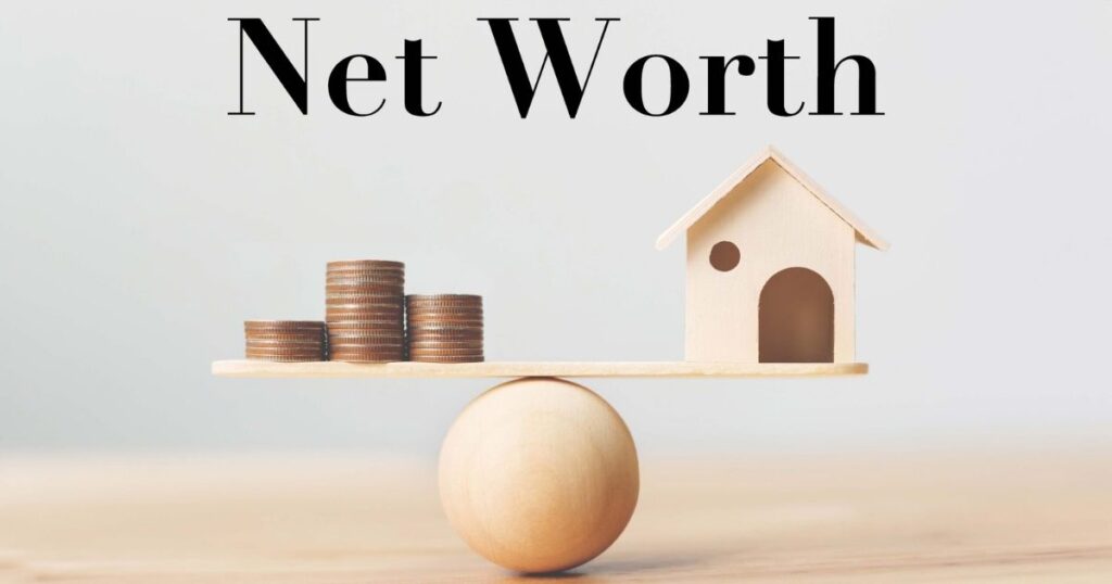 Balanced scale with coins and a wooden house model, with "Net Worth" text above.