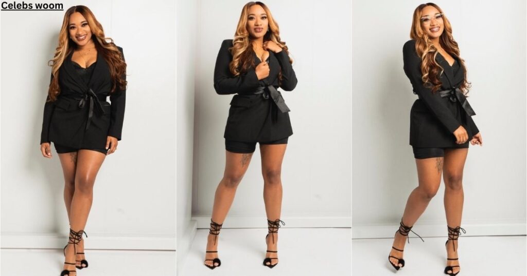 Three poses of a woman in a black blazer dress and strappy heels.